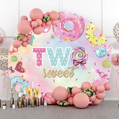 Lofaris Two Sweet Round Backdrop for 2nd Birthday Party Donut and Lollipop Candyland Theme Photo Booth Decor Girls
