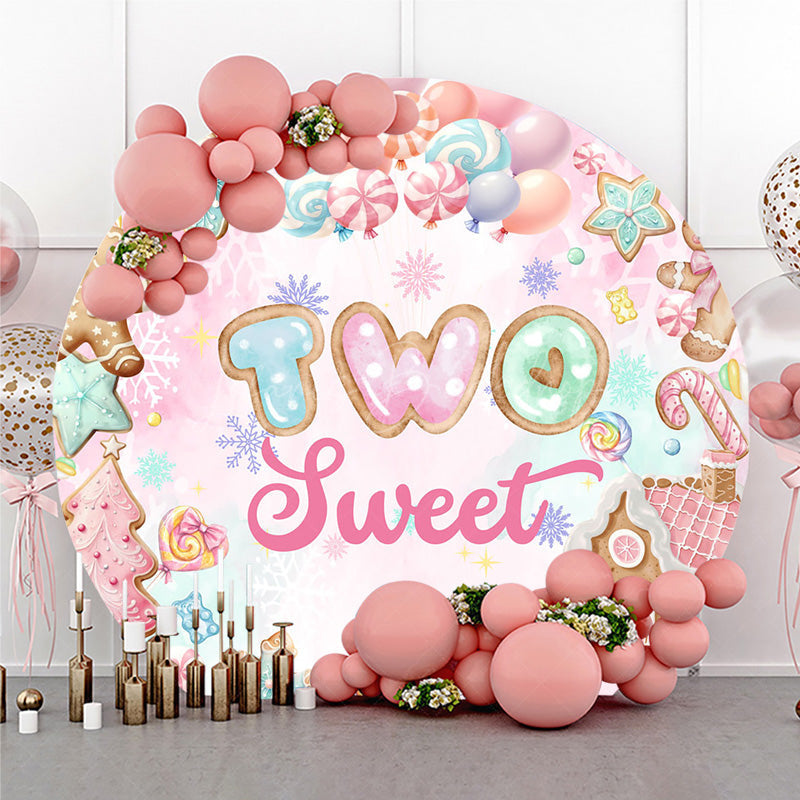 Lofaris Two Sweet Winter Candyland Round Backdrop Gingerbread and Cookies 2nd Birthday Christmas Themed Party Decor
