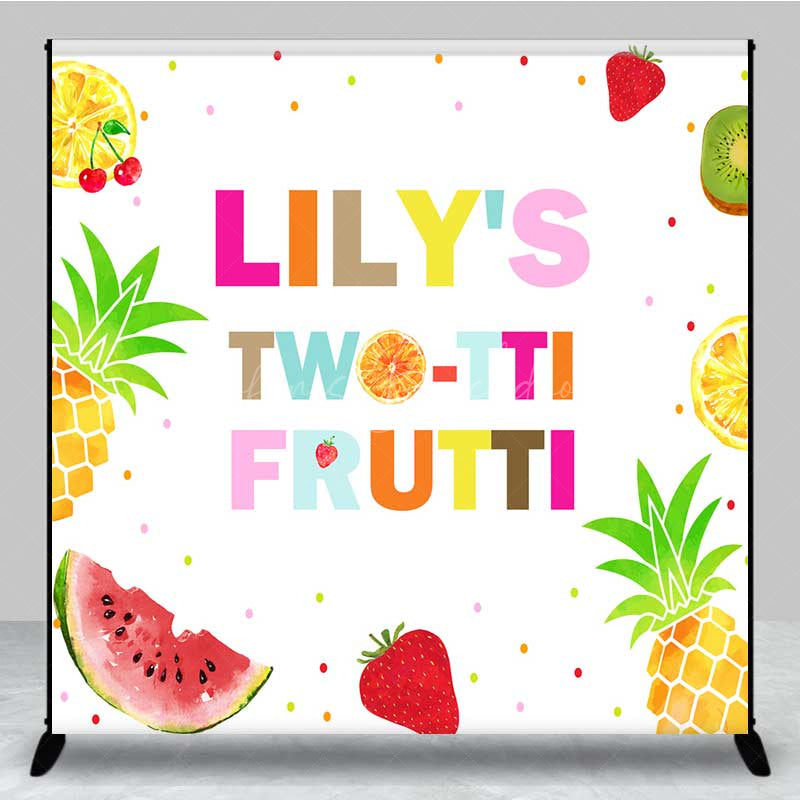 Lofaris Twotti Frutti Second Birthday Backdrop Custom Name Tropical Party Decor Colorful Summer Fruits and Pineapple