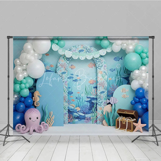 Lofaris Under the Sea Backdrop Cute Octopus and Treasure Chest Blue Ocean Arch Birthday Party Background