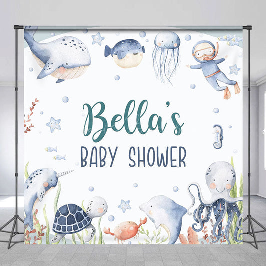 Lofaris Undersea Animals Custom Name Baby Shower Backdrop