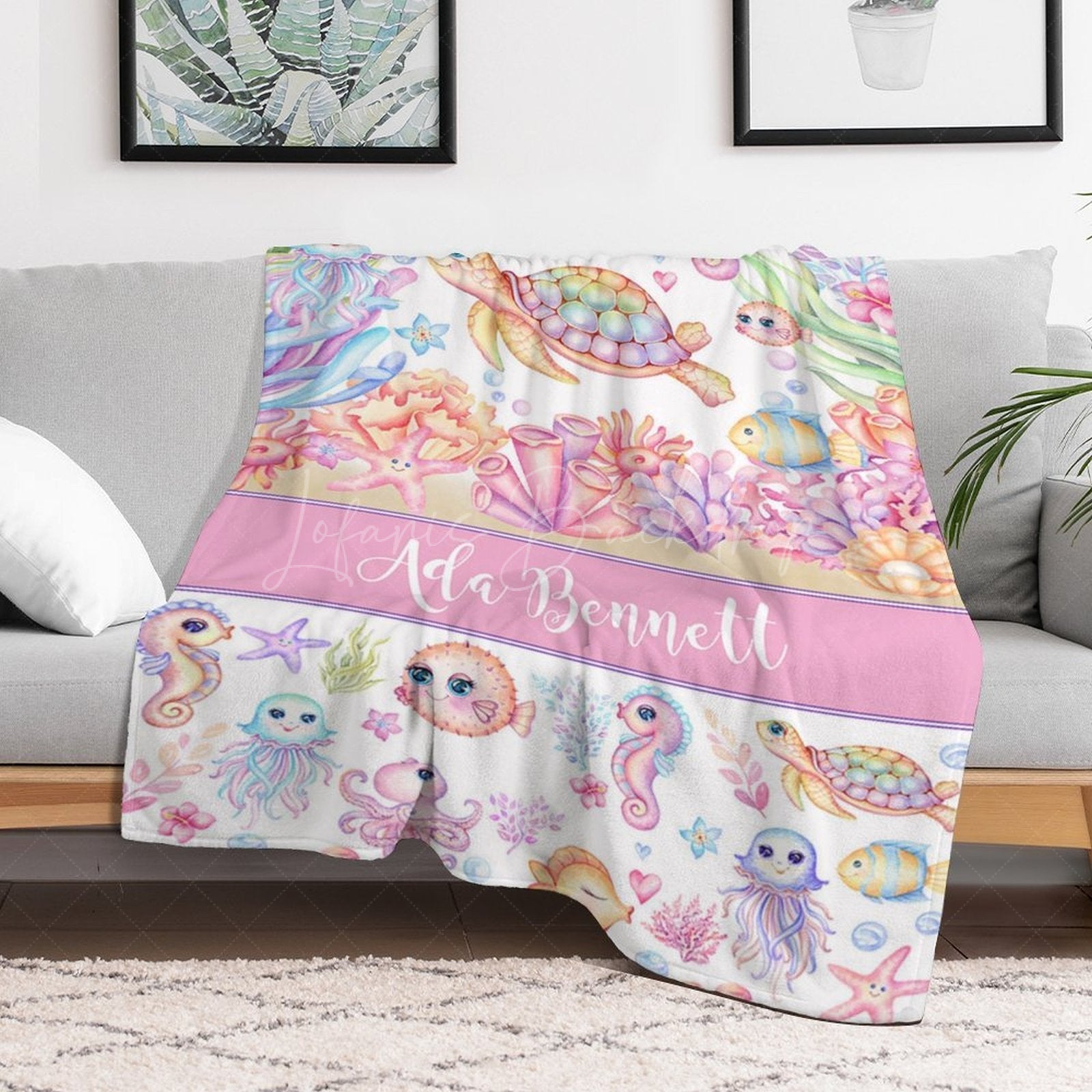 Lofaris Undersea Colorful Animals Custom Name Girl Blanket
