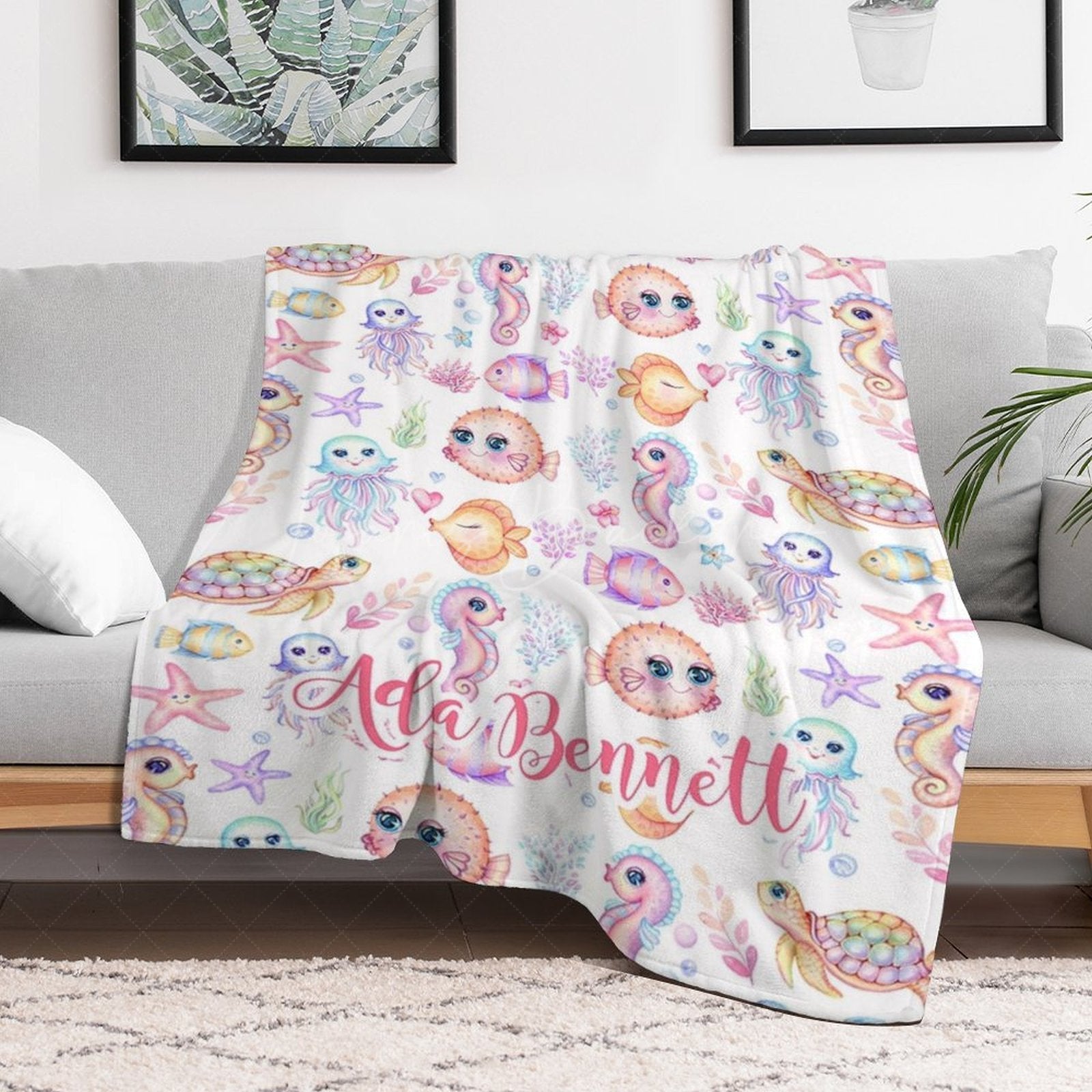 Lofaris Undersea Colorful Animals Plants Custom Name Blanket