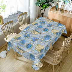 Lofaris Undersea Conch Pattern Rectangle Tablecloth in Blue and Khaki for Coastal Nautical Dining Decor