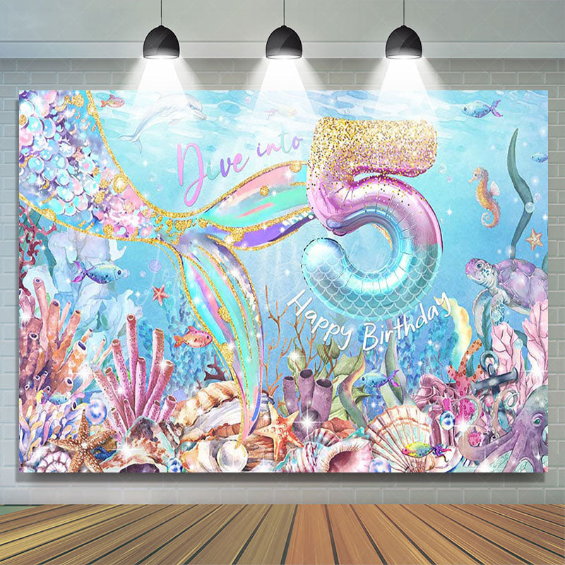 Lofaris Undersea Fairy Mermaid Dive Into 5th Birthday Backdrop