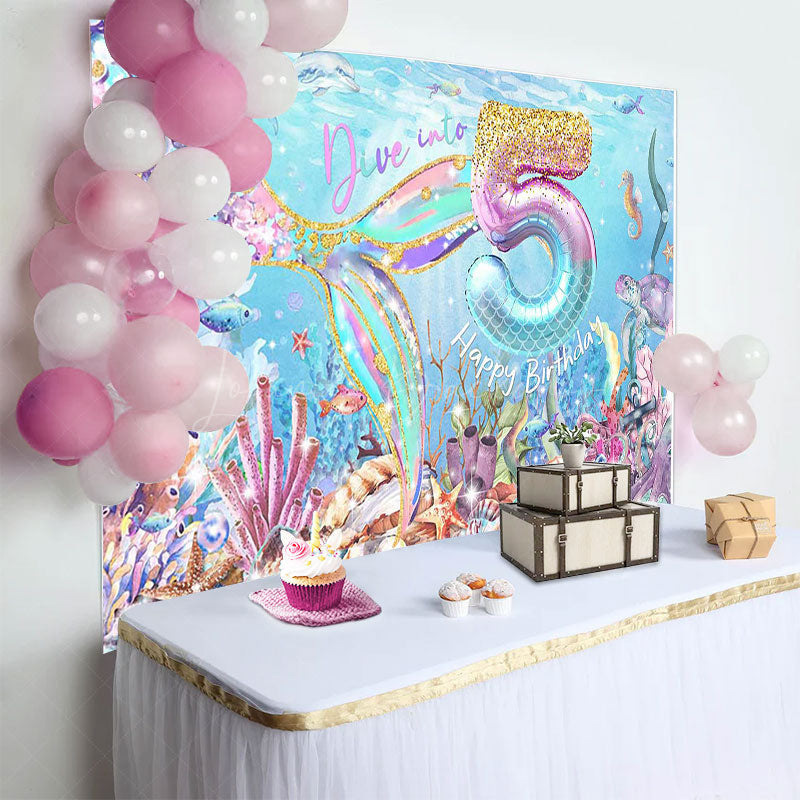 Lofaris Undersea Fairy Mermaid Dive Into 5th Birthday Backdrop