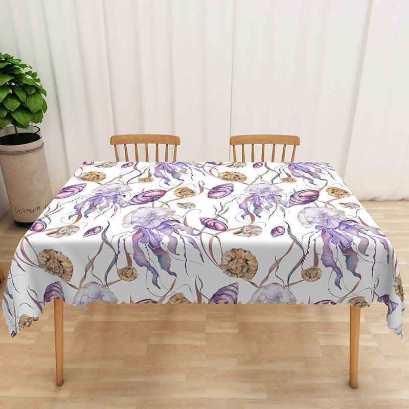 Lofaris Underwater Ocean Rectangle Tablecloth with Purple Jellyfish and Brown Snails for Marine Life Decor