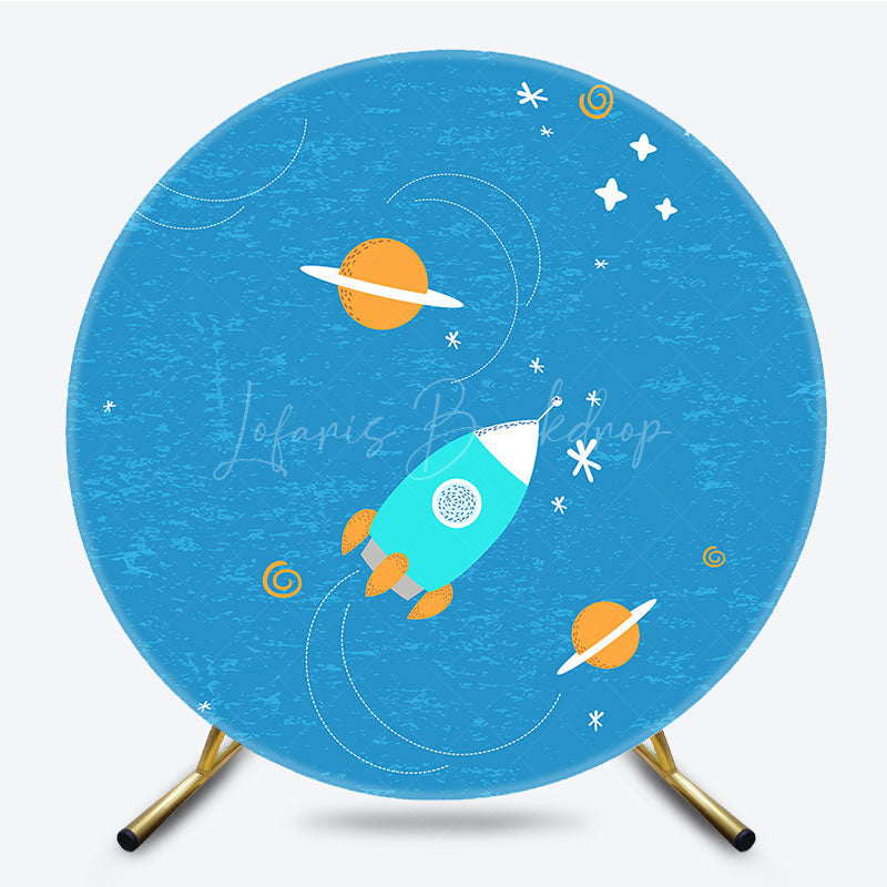 Lofaris Universe Galaxy Rocket Blue Round Birthday Backdrop