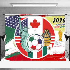 Lofaris USA Canada Mexico 2026 Soccer Event Holiday Backdrop Global Sports Party Decoration with Flags and Golden Trophy