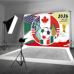 Lofaris USA Canada Mexico 2026 Soccer Event Holiday Backdrop Global Sports Party Decoration with Flags and Golden Trophy