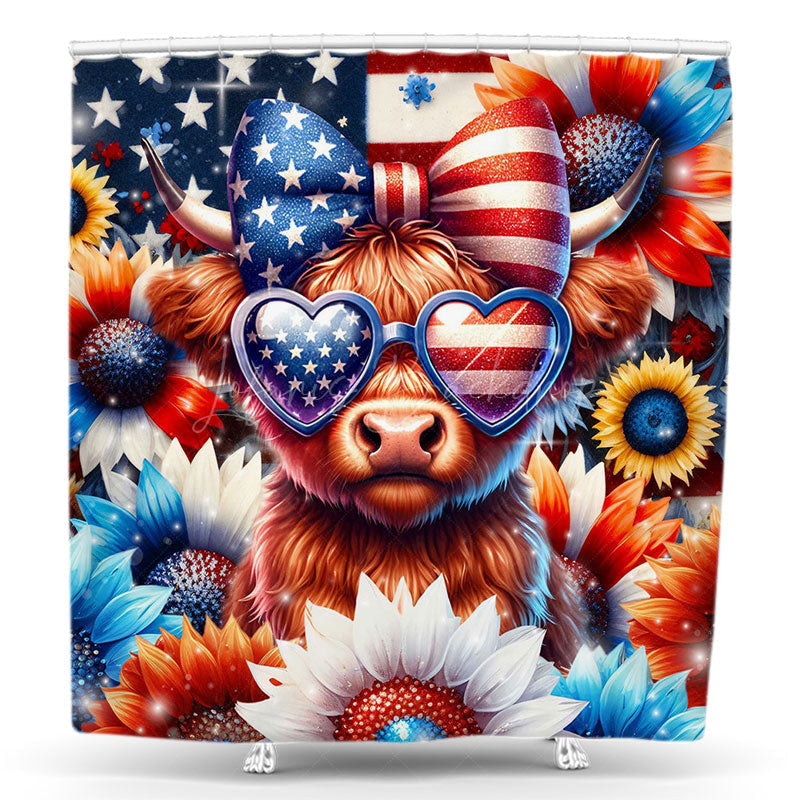 Lofaris Usa Flag Floral Little Cow Animal Shower Curtain