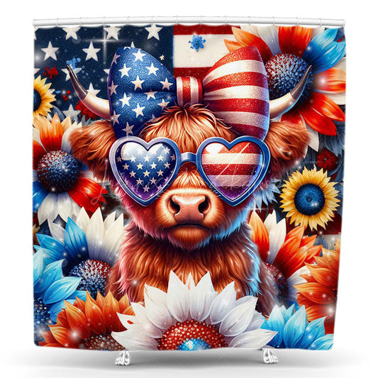 Lofaris Usa Flag Floral Little Cow Animal Shower Curtain