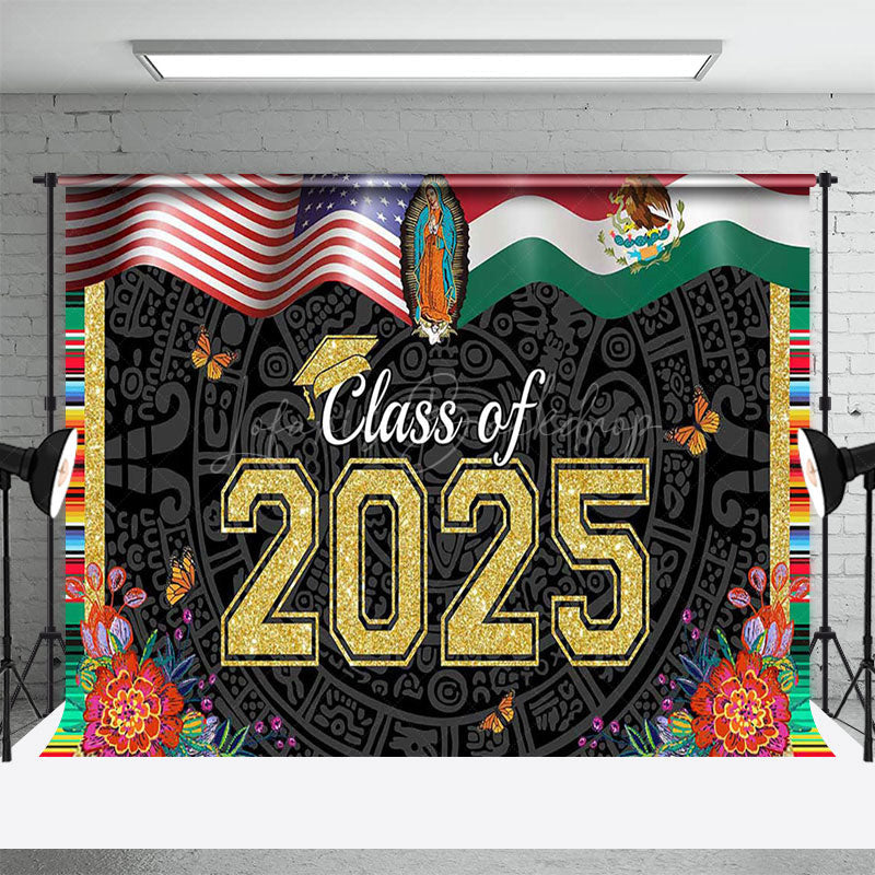 Lofaris Usa Flag Floral Stripe Class of 2025 Grad Backdrop