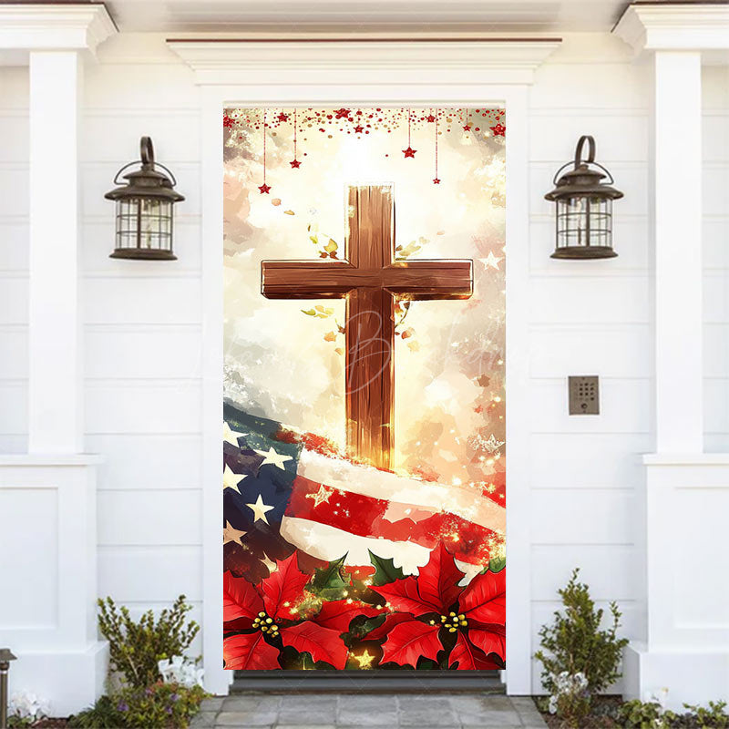Lofaris Usa Flag Red Poinsettia Cross Christmas Door Cover