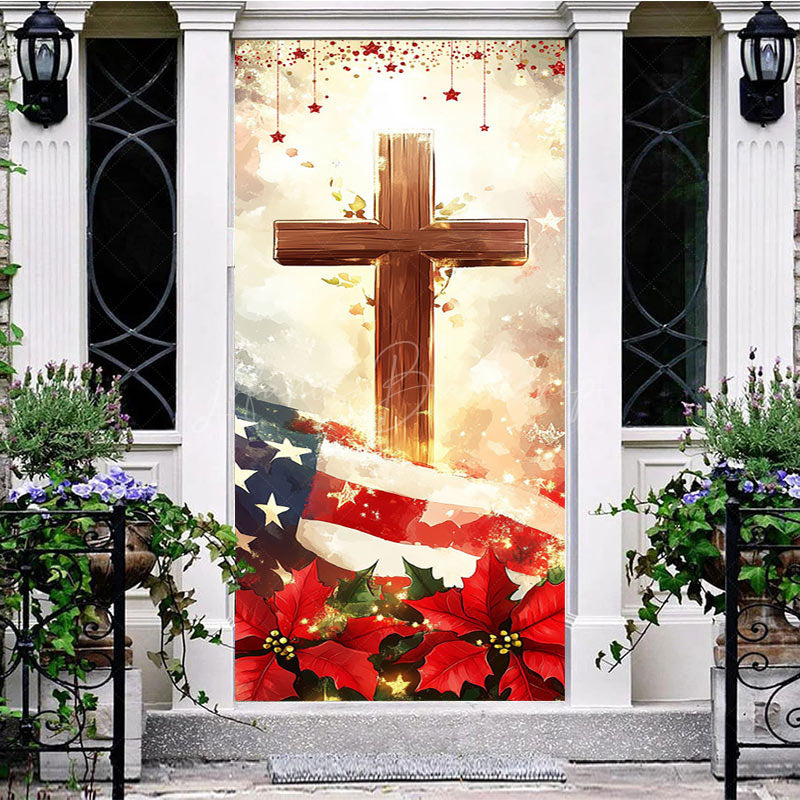 Lofaris Usa Flag Red Poinsettia Cross Christmas Door Cover