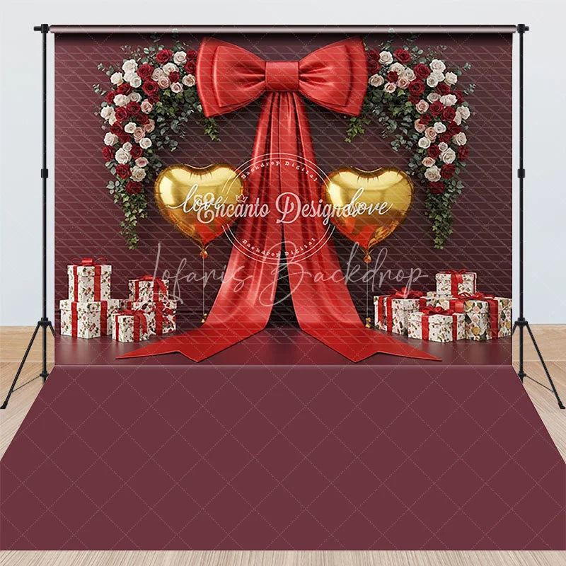 Lofaris Valentine Combo Set Backdrop Large Red Bow Gold Heart Photography Prop Burgundy Floral Wall Photo Background