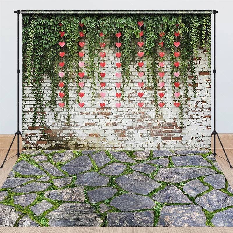 Lofaris Valentine Day Combo Set Backdrop Green Ivy Brick Wall Red Hearts Stone Floor Background Romantic Photography Prop