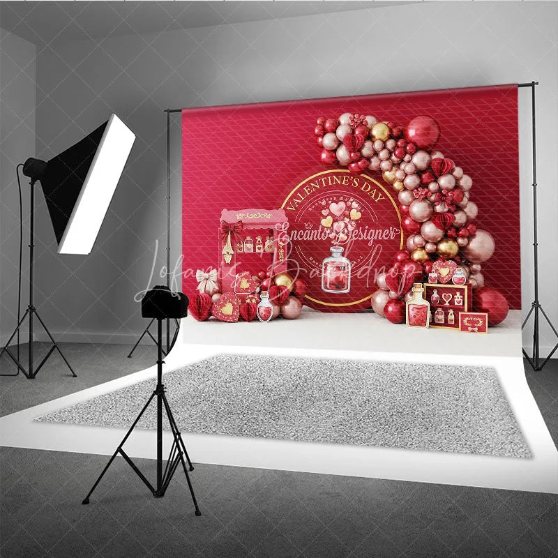 Lofaris Valentine Day Love Potion Backdrop Red Balloon Garland Magic Bottle Background Romantic Party Photography Decor