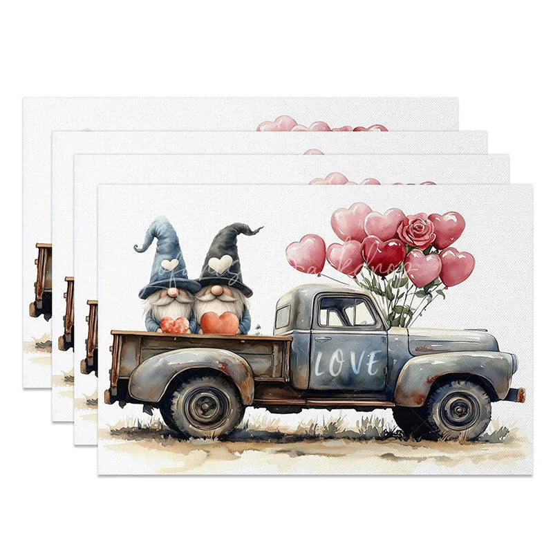 Lofaris Valentine Gnome Blue Truck Set of 4 Placemats Cute Love Heart Decoration Rustic Farmhouse Dining Table Mat