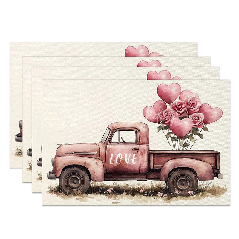 Lofaris Valentine Pink Truck Heart Balloon Set of 4 Placemats Romantic Rose Decoration Love Themed Dining Table Mat