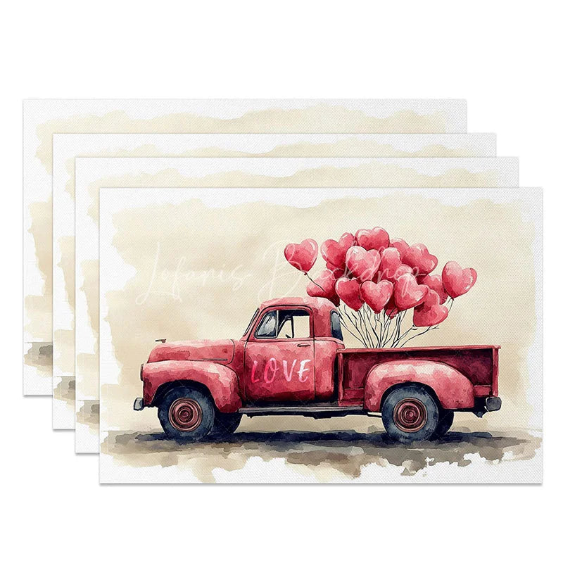 Lofaris Valentine Red Truck Heart Balloon Set of 4 Placemats Love Sign Party Decoration Rustic Romance Table Mat