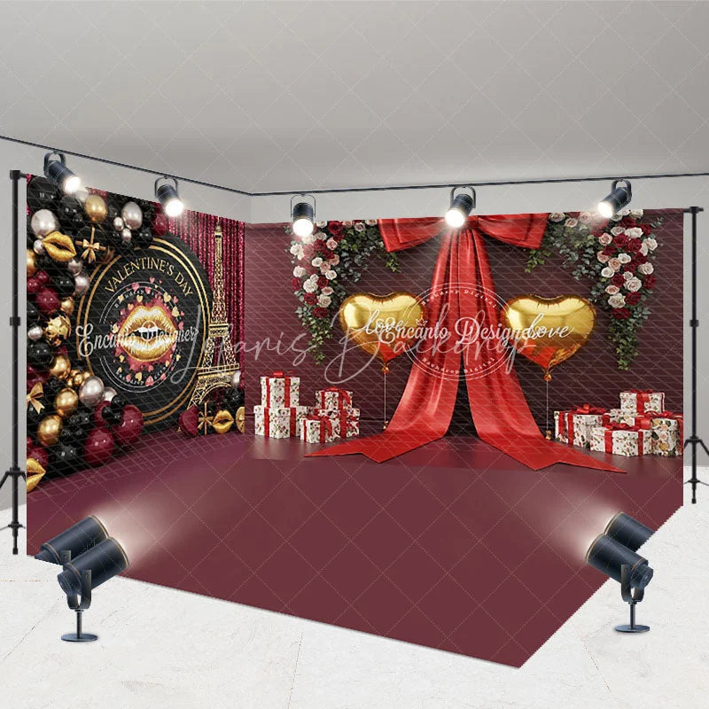 Lofaris Valentine Room Set Backdrop Paris Eiffel Tower Balloon Arch Photography Prop Red Bow Gold Heart Photo Background