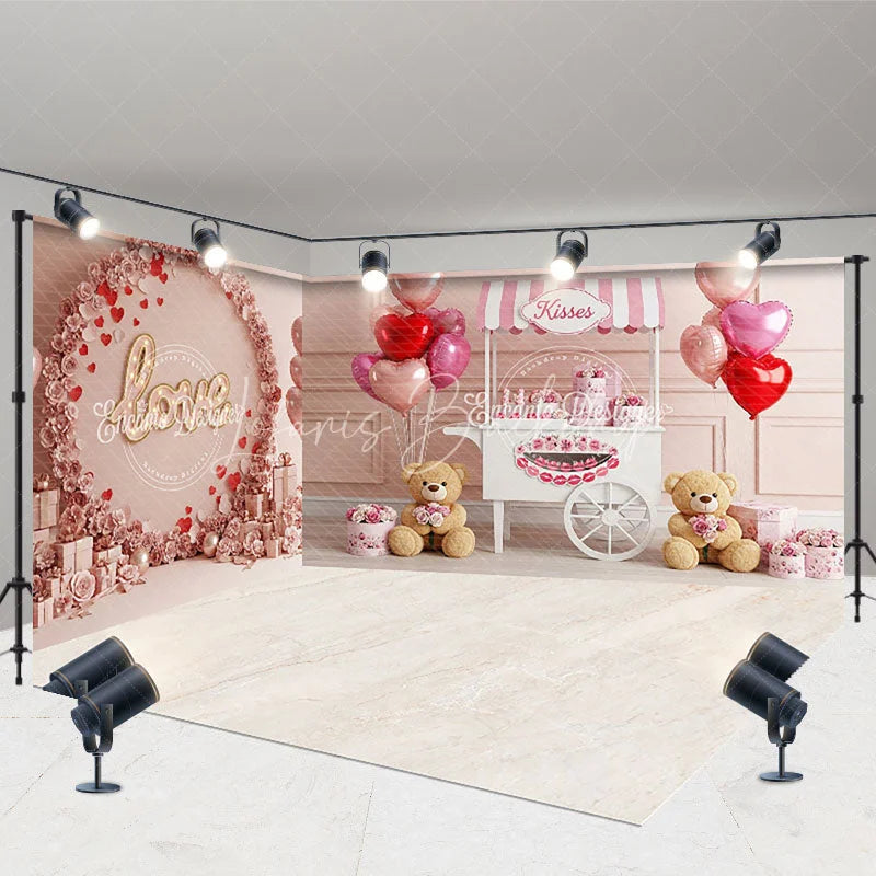 Lofaris Valentine Room Set Backdrop Pink Kisses Stand Teddy Bear Photography Prop Love Floral Wall Photo Background