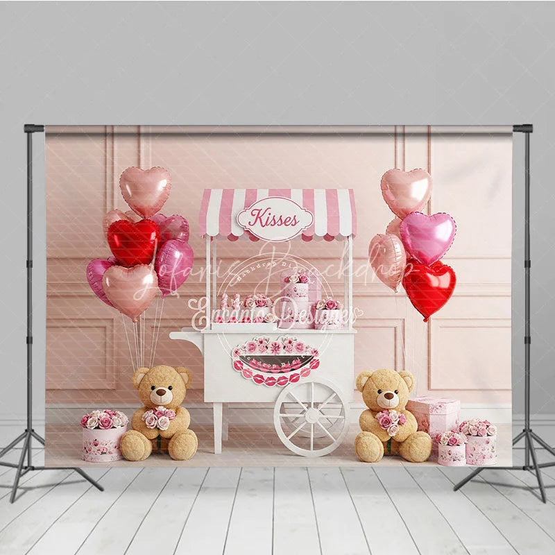 Lofaris Valentine Room Set Backdrop Pink Kisses Stand Teddy Bear Photography Prop Love Floral Wall Photo Background
