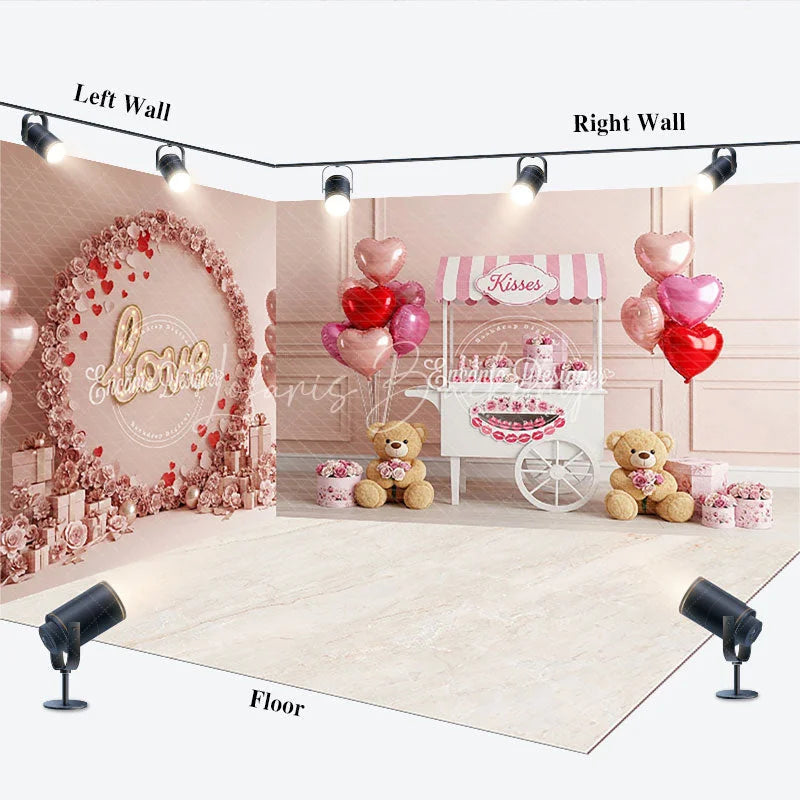 Lofaris Valentine Room Set Backdrop Pink Kisses Stand Teddy Bear Photography Prop Love Floral Wall Photo Background