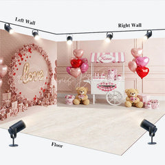 Lofaris Valentine Room Set Backdrop Pink Kisses Stand Teddy Bear Photography Prop Love Floral Wall Photo Background