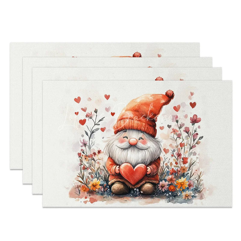 Lofaris Valentine Set of 4 Placemats Cute Gnome Orange Hat Holding Red Heart Garden Love Theme Table Mats