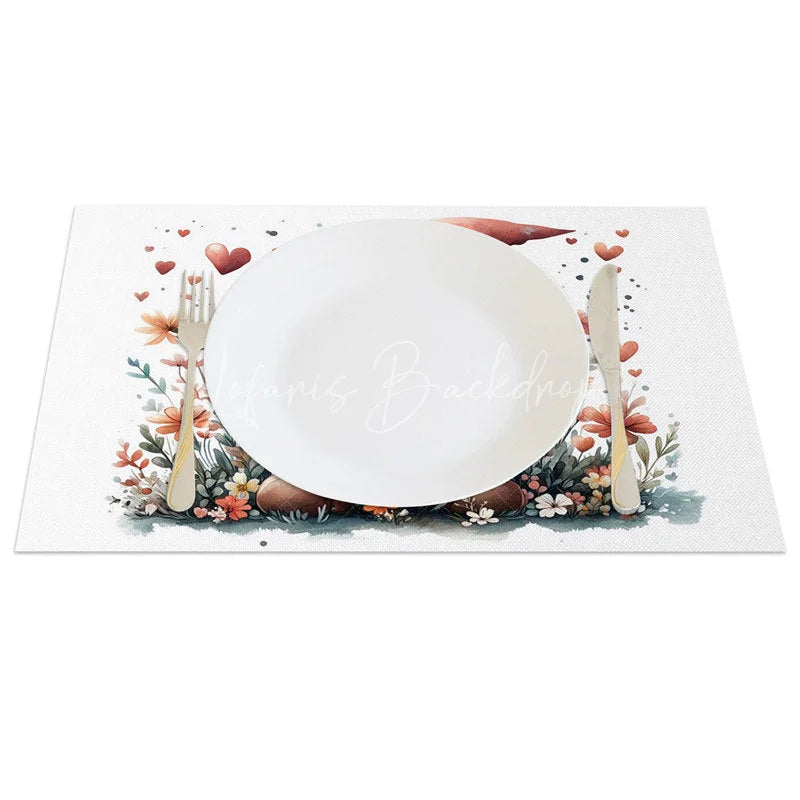 Lofaris Valentine Set of 4 Placemats Gnome Pink Flower Hat Holding Heart Pastel Romantic Dining Table Mats