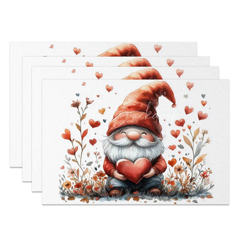Lofaris Valentine Set of 4 Placemats Gnome Red Hat Holding Heart Watercolor Love Nature Dining Table Mats