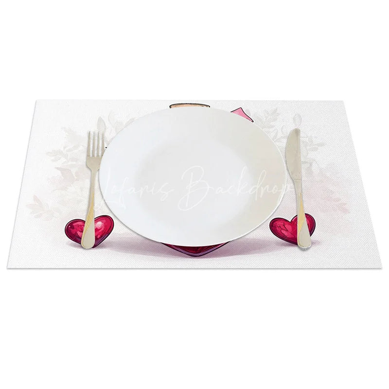 Lofaris Valentine Set of 4 Placemats Heart Shaped Glass Bottle Red Love Liquid Ribbon Dining Decor