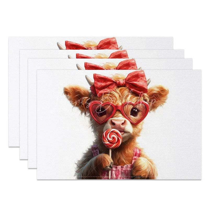 Lofaris Valentine Set of 4 Placemats Highland Cow Heart Sunglasses Red Bow Lollipop Cute Animal Table Mats