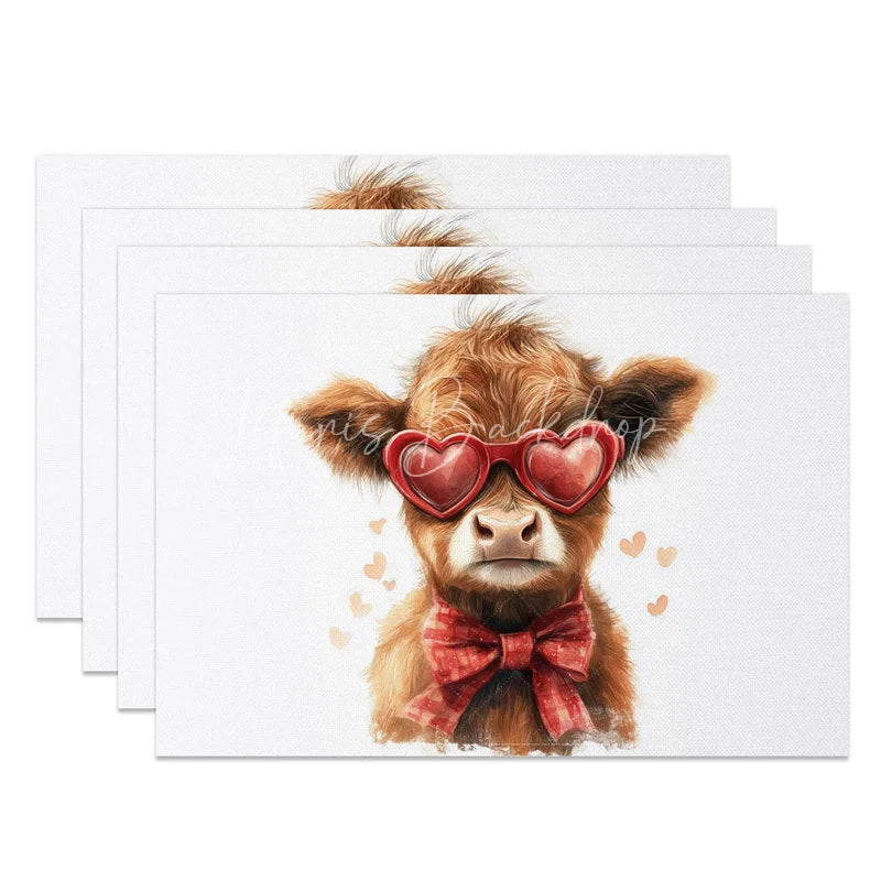 Lofaris Valentine Set of 4 Placemats Highland Cow Heart Sunglasses Red Plaid Bow Cute Animal Table Mats