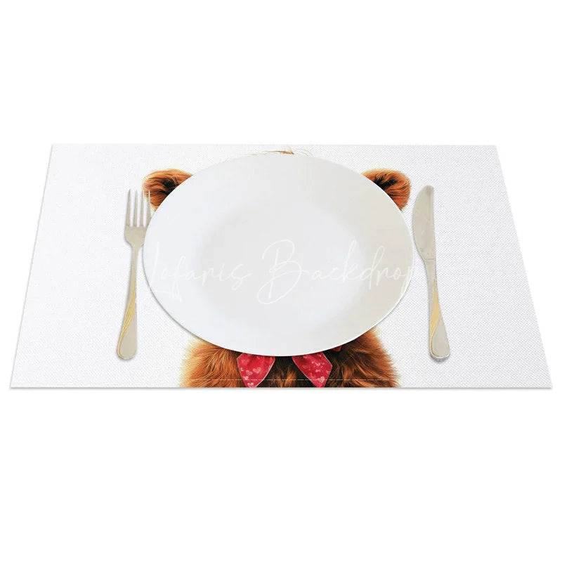Lofaris Valentine Set of 4 Placemats Highland Cow Love Glasses Red Heart Pattern Bow Dining Table Mats