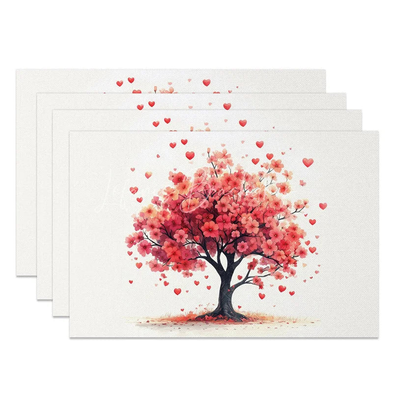 Lofaris Valentine Set of 4 Placemats Pink Floral Heart Tree Spring Love Blossom Dining Table Mats