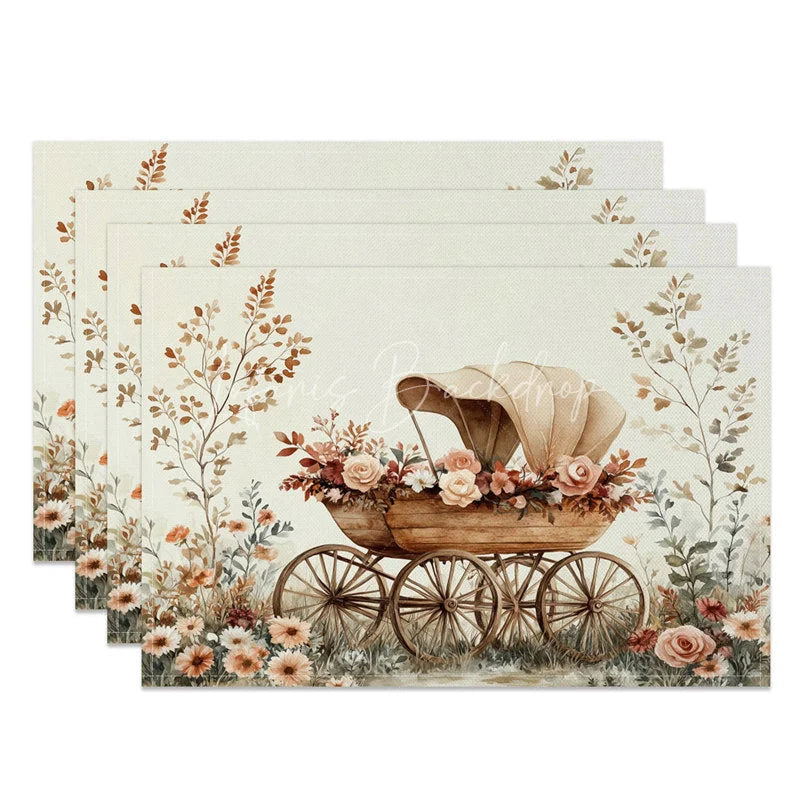 Lofaris Valentine Set of 4 Placemats Vintage Wooden Wagon Roses Rustic Floral Cart Dining Table Mats