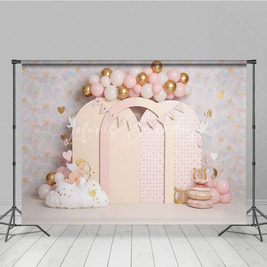 Lofaris Valentines Day Backdrop Cute Cupid and Pink Arches with Gold Hearts Birthday Party Photography Banner