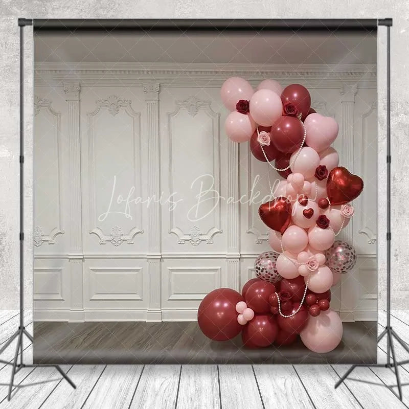 Lofaris Valentine’s Day Balloon Arch Backdrop Elegant White Wall Photography Background Pink Red Hearts Photo Prop