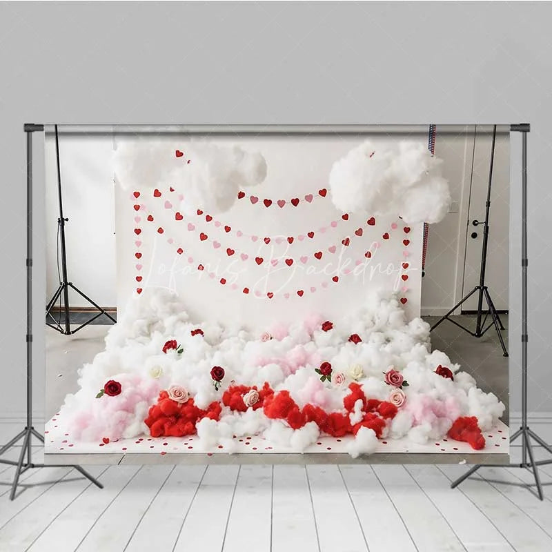 Lofaris Valentine’s Day Cloud Heart Garland Photography Backdrop White Fluffy Clouds Red Roses Photo Background Cupid Love Prop