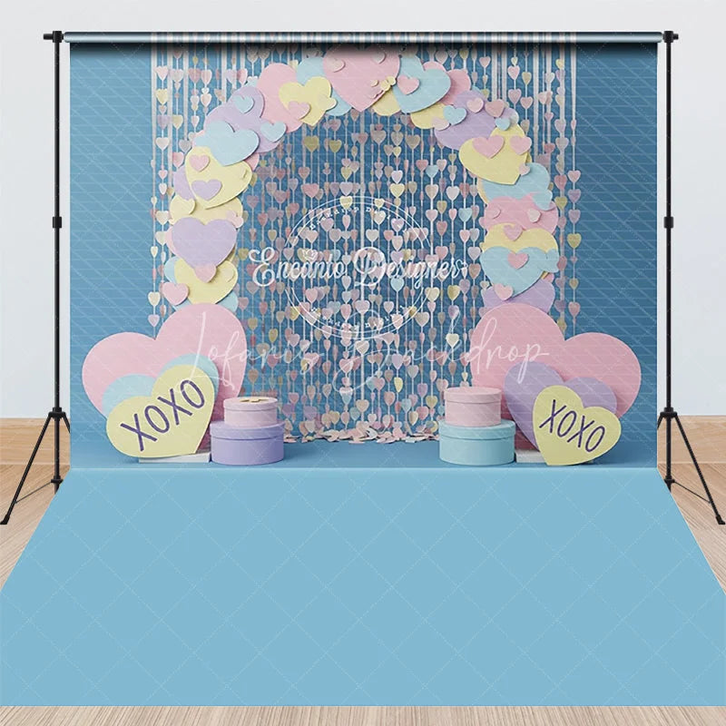 Lofaris Valentine’s Day Combo Set Backdrop Pastel Heart Curtain Photography Background Blue XOXO Love Photo Prop