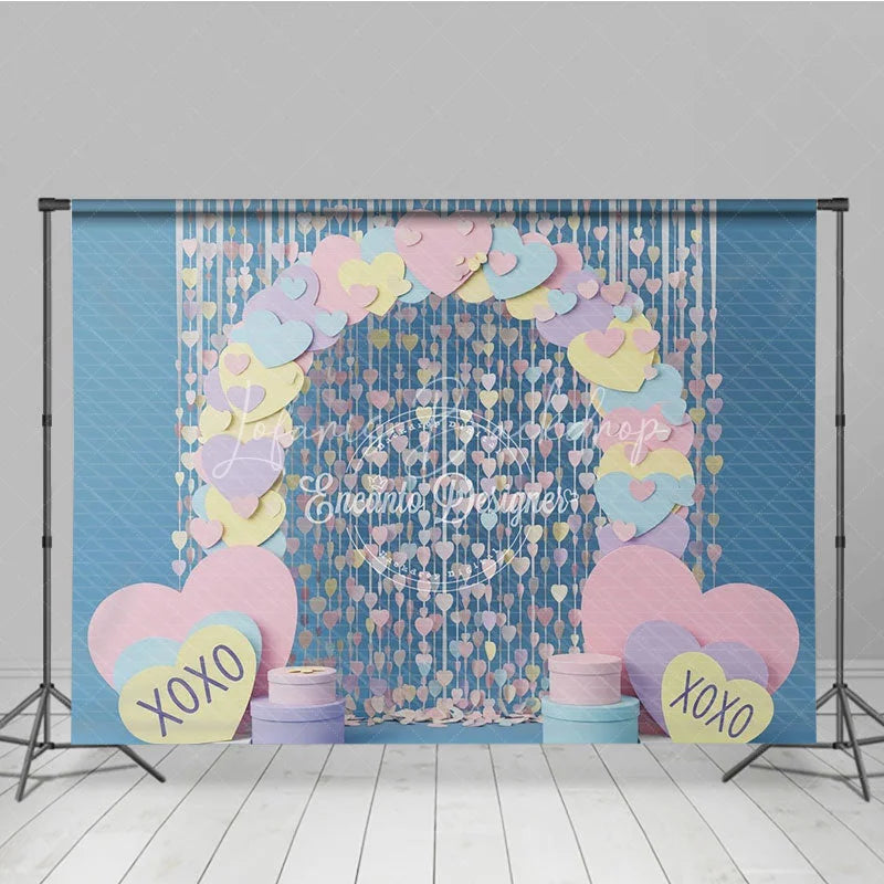 Lofaris Valentine’s Day Combo Set Backdrop Pastel Heart Curtain Photography Background Blue XOXO Love Photo Prop