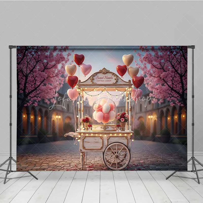 Lofaris Valentine’s Day Cotton Candy Cart Photography Backdrop Pink Heart Balloons Street Photo Background Sweet City Prop