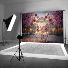 Lofaris Valentine’s Day Cotton Candy Cart Photography Backdrop Pink Heart Balloons Street Photo Background Sweet City Prop