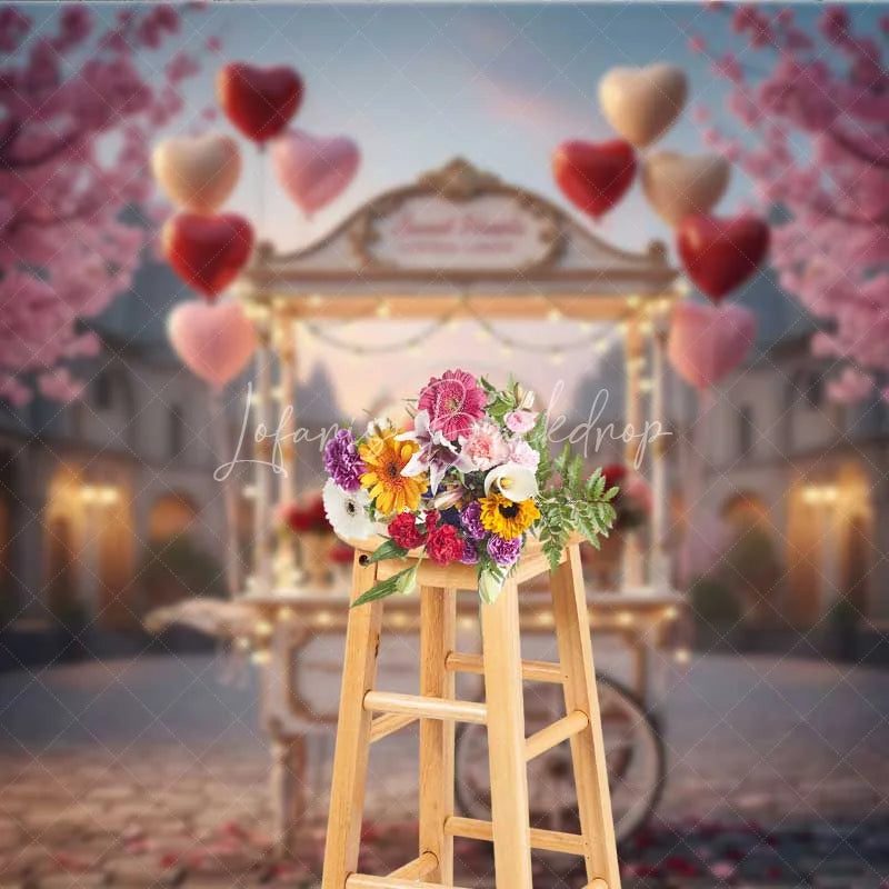 Lofaris Valentine’s Day Cotton Candy Cart Photography Backdrop Pink Heart Balloons Street Photo Background Sweet City Prop