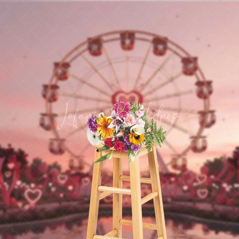 Lofaris Valentine’s Day Ferris Wheel Photography Backdrop Pink Sunset Amusement Park Photo Background Romantic Love Date Prop