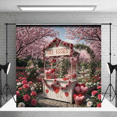 Lofaris Valentine’s Day Free Kisses Booth Photography Backdrop Pink Cherry Blossom Garden Photo Prop Romantic Outdoor Decor