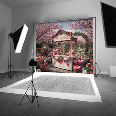 Lofaris Valentine’s Day Free Kisses Booth Photography Backdrop Pink Cherry Blossom Garden Photo Prop Romantic Outdoor Decor